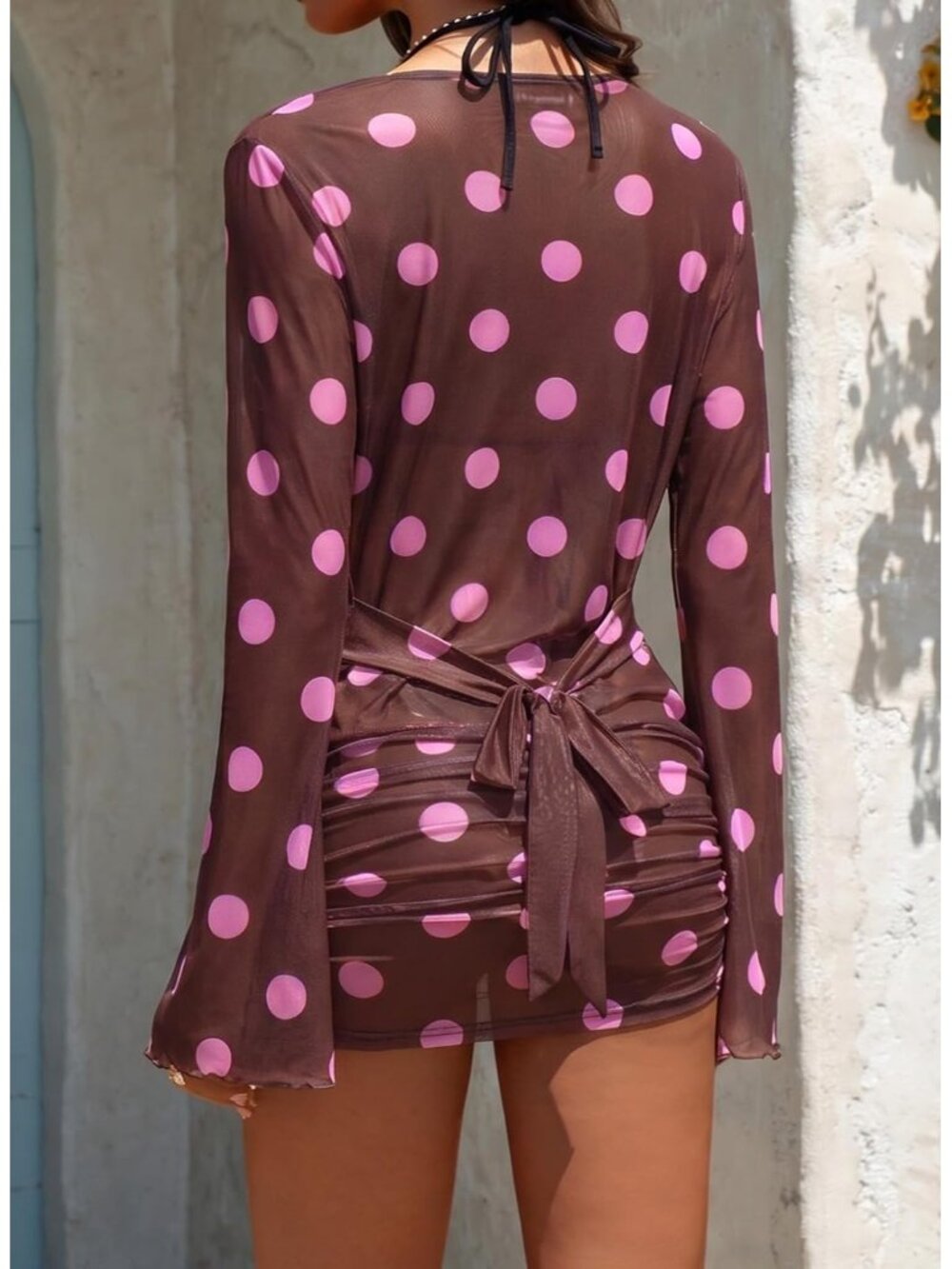 Women Chocolate Pink Draped Neck Tie Waist Ruffle Flare Print Swim Suit Cover Up - Picture 3 of 6